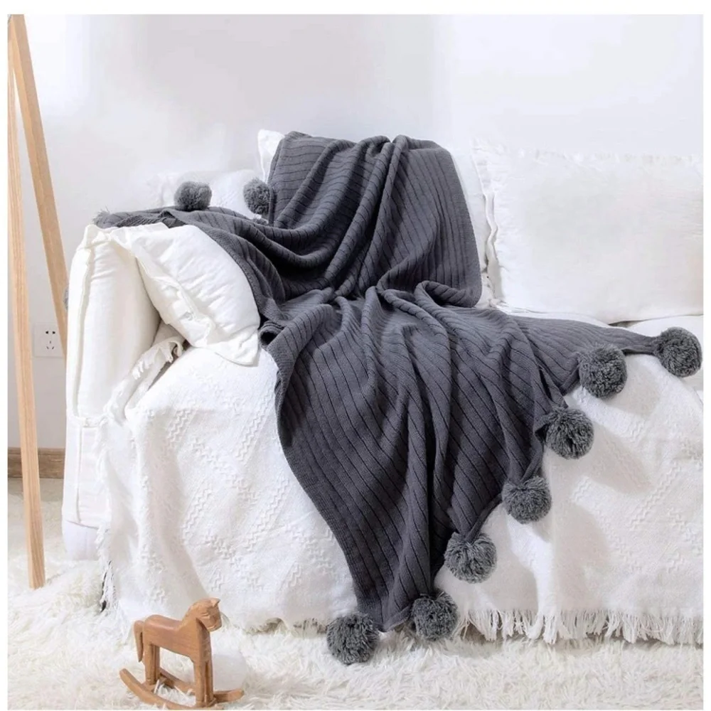 Trendy Dark Grey Pompom Fringe Chic Cozy Soft Throw Blanket/Cover Dorm/Bedroom